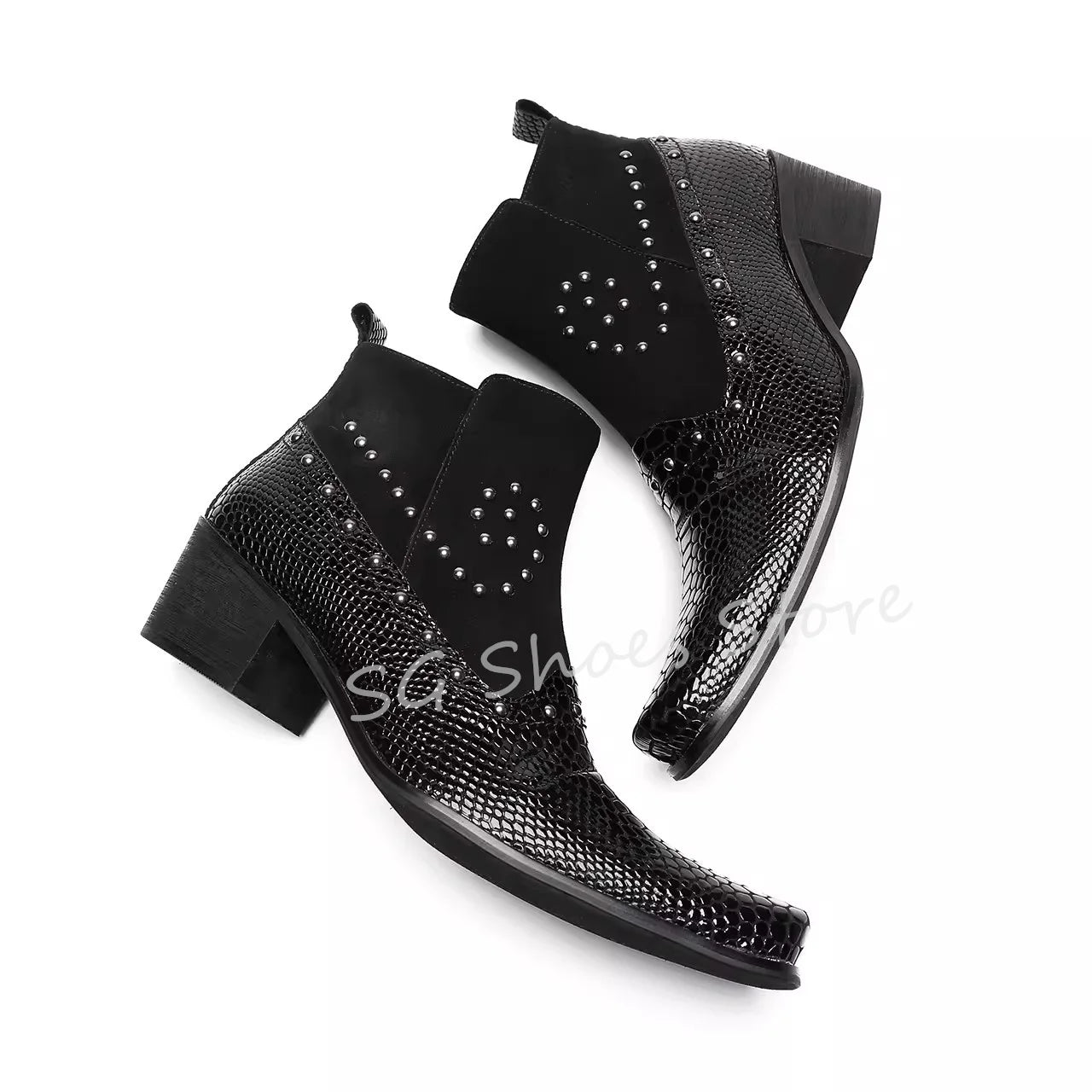 British Style Snakeskin Splicing Suede Rivet Ankle Boots for Men Wedding Dress Shoes Square Toe Chunky Heel Male Chelsea Boots