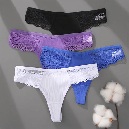 FINETOO 3Pcs Women's Cotton Underwear Lace Thongs Sexy Solid Color Low Waist Bikini Panties Ladies Breathable G-string Lingerie