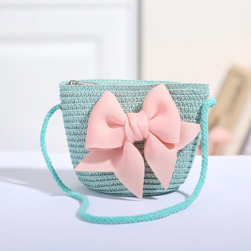 Cute Bow Straw Shoulder Bags Baby Girls Handmade Woven Crossbody Bag Princess Kids Messenger Bags Mini Coin Purse Beach Handbags