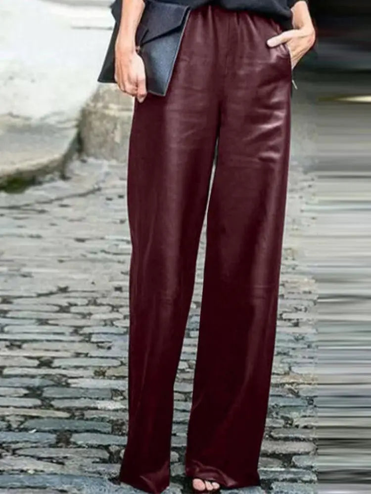 ZANZEA Fashion PU Leather Women's Pants Autumn OL Wide Leg Trousers Palazzo Casual Solid Bottoms Femme Work Pantalon Oversized