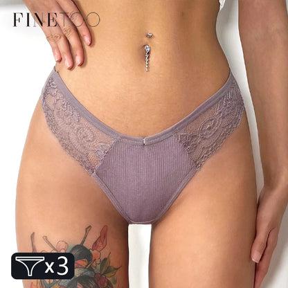 FINETOO 3Pcs Women's Cotton Underwear Lace Thongs Sexy Solid Color Low Waist Bikini Panties Ladies Breathable G-string Lingerie