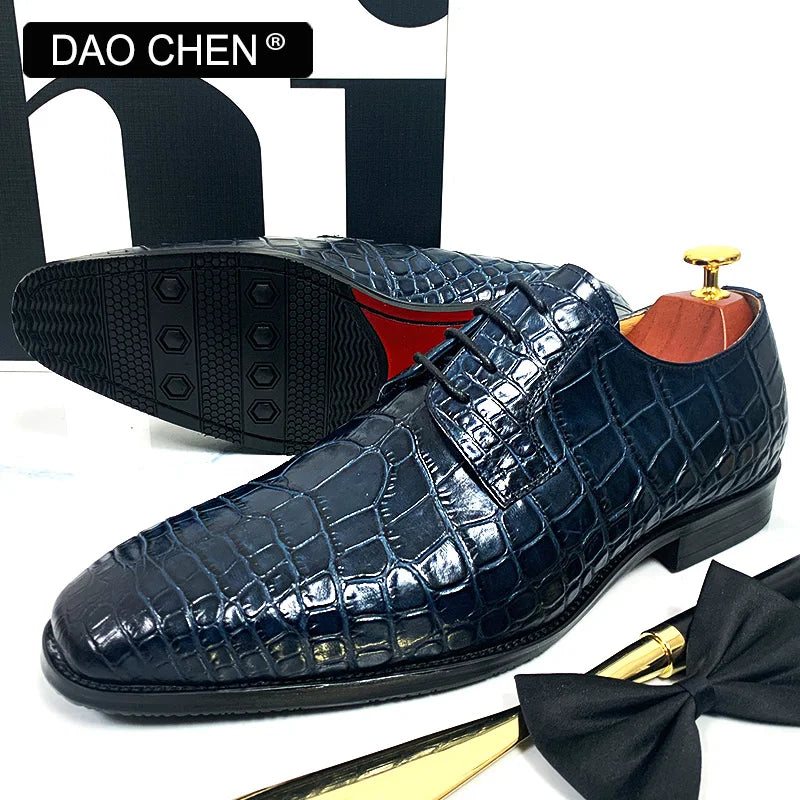 DAOCHEN ITALIAN MEN LEATHER SHOES BLUE BLACK CROCODILE PRINT LACE UP CASUAL DRESS MAN SHOE OFFICE WEDDING SHOES FOR MEN