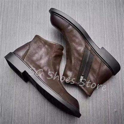 British Style Retro Round Toe Mid-Calf Boots for Men Handmade Genuine Leather Breathable Chelsea Boots Male Leisure Shoes Flats