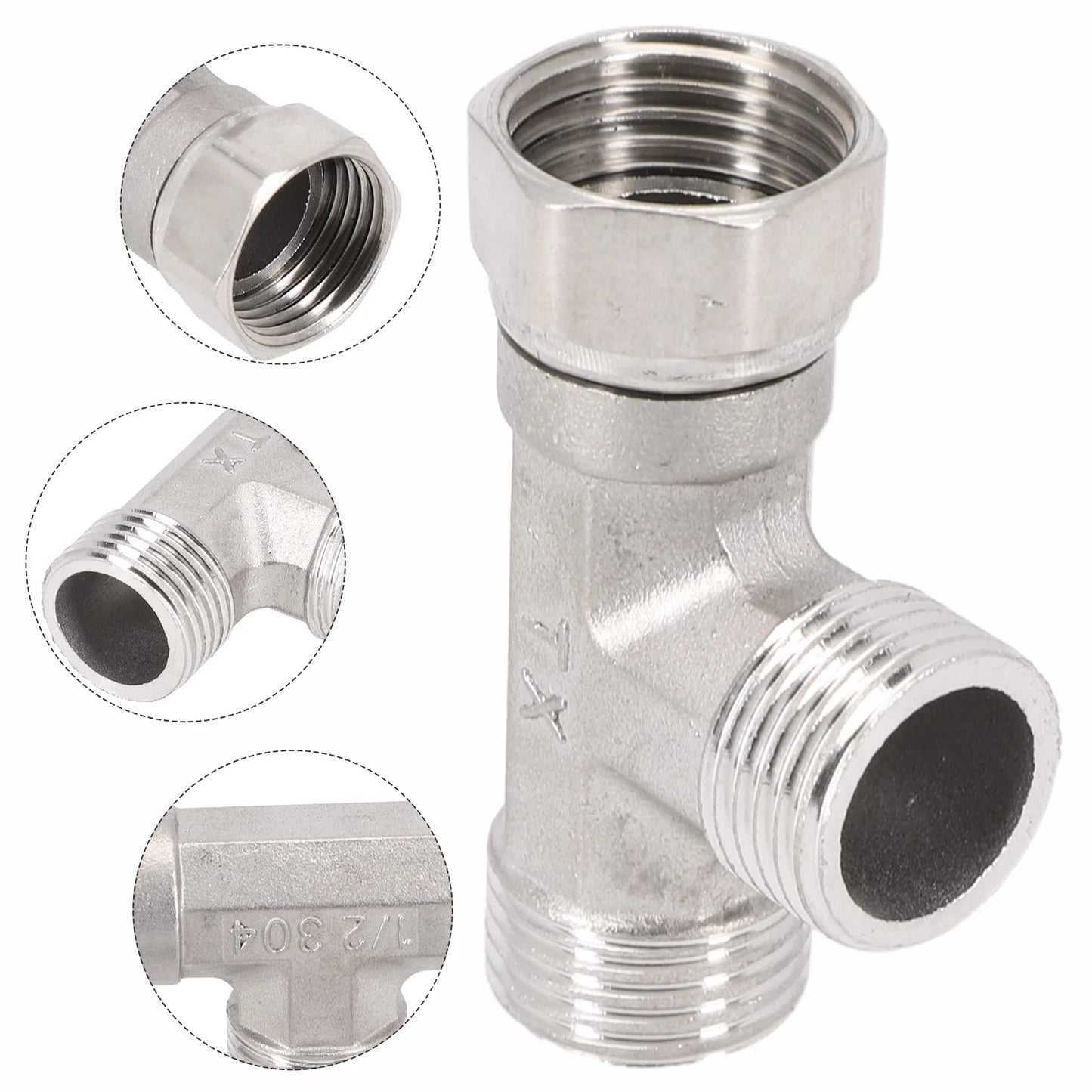 G1/2 3 Way T-Adapter Bathroom Shower Faucet Water Splitter Toilet Shower Valve Spray Nozzle Converter Stainless Steel