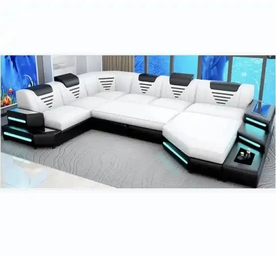 Newest High End Living room sofa U shape LED sofa couch modern new design Genuine Leather Functional Sofa Sets