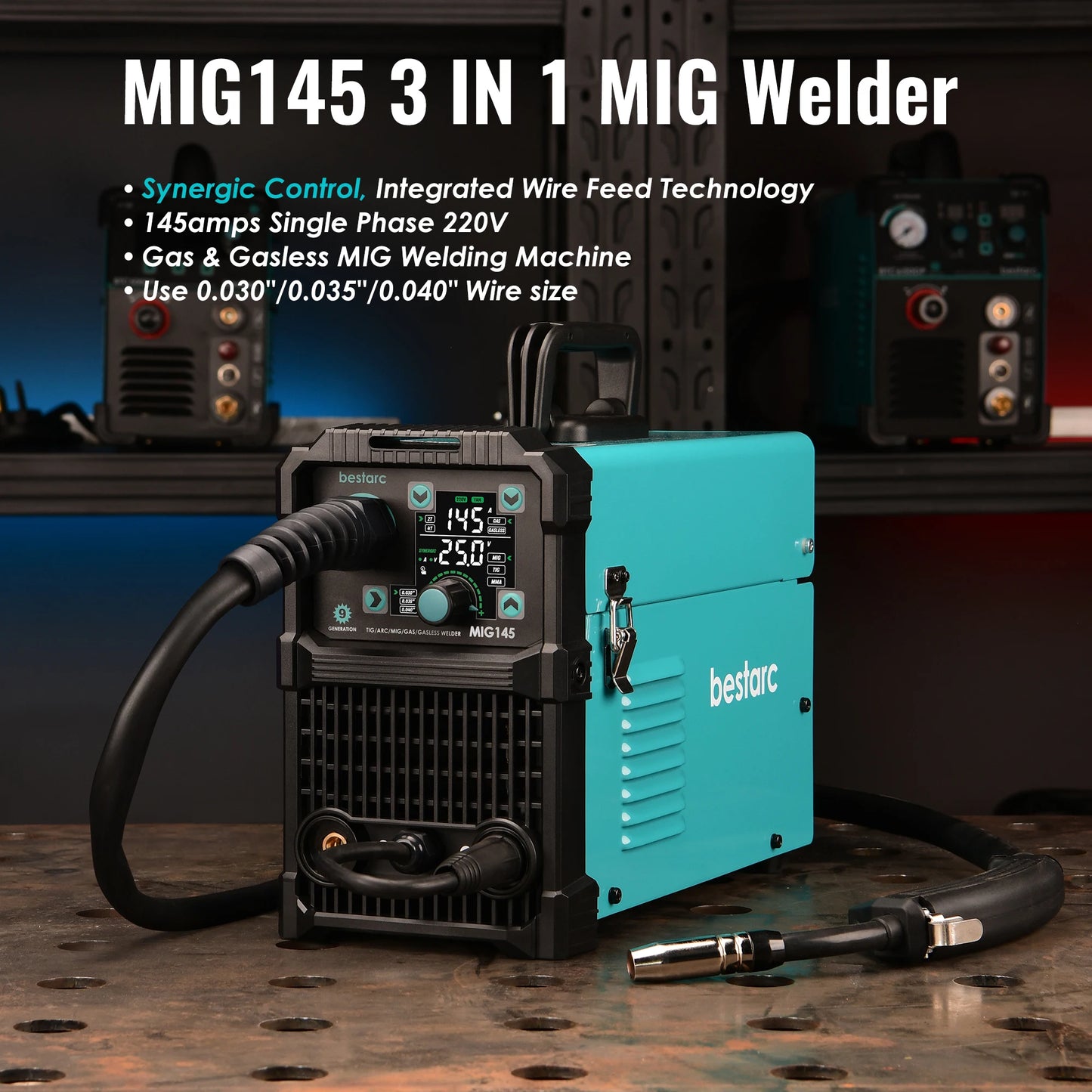 bestarc MIG Welder, MIG145 145Amps Gas MIG/Gasless MIG/Lift TIG/Stick 3 in 1 MIG with Digital Screen Display, 220V Single Phase