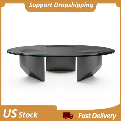 Round Glass Coffee Table Wedge Table Modern Coffee Table with Tempered Glass Top End Table Heavy Duty Steel Legs for Living Room