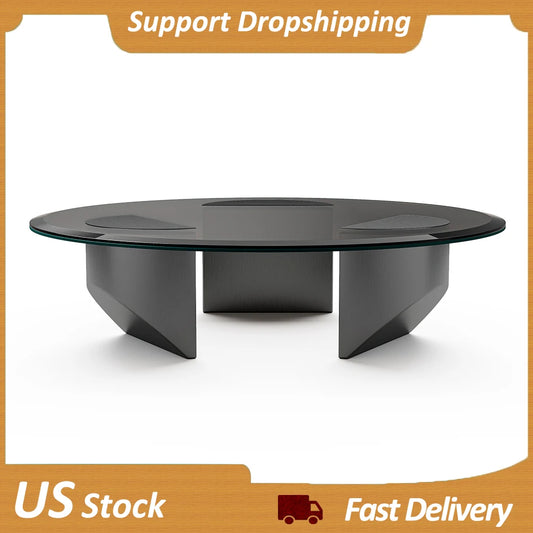 Round Glass Coffee Table Wedge Table Modern Coffee Table with Tempered Glass Top End Table Heavy Duty Steel Legs for Living Room