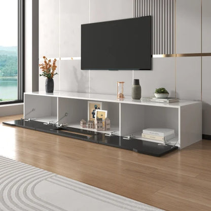 High gloss TV cabinet, lowboard, with multicoloured LED lighting, wall mounting option and dimensions 180cm