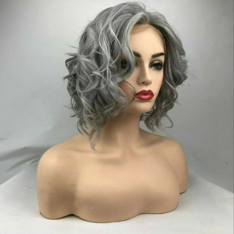 Women Shoulder Length T Part Lace Front Wigs Synthetic Curly Wig Wavy Gray Short