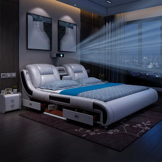 Genuine Leather Bed Multifunctional Beds Ultimate Massage Camas with Bluetooth,Speaker,Safe,Air Cleaner, Projector,Drawers