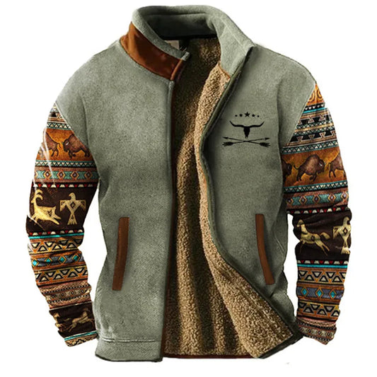 2024 Winter Men's Stand-Up Collar Jacket Vintage Velvet Printed Color Sweatshirt Fashion Ethnic Winter Outdoor Coat Windproof