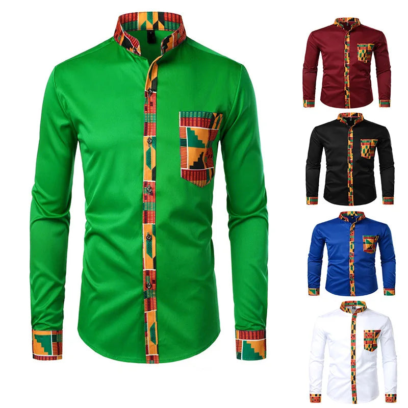 New African Clothing Men's Shirt Standing Neck Digital Printing Long Sleeve Flower Shirt Men's Cardigan Top