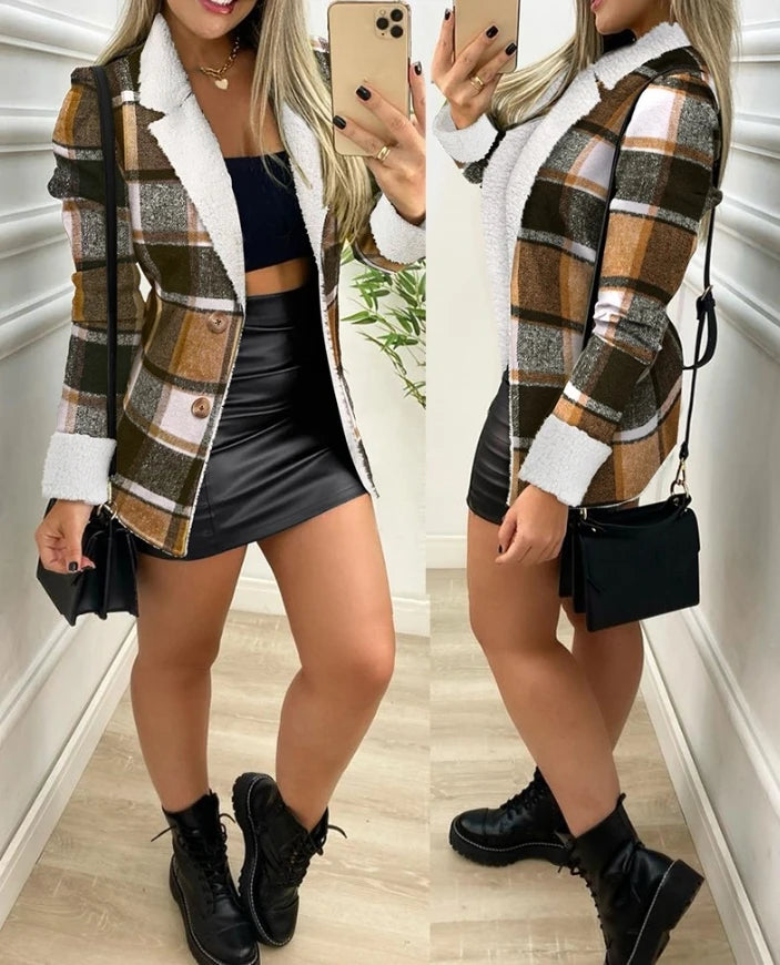 Women's Jacket 2024 Autumn Fashion Plaid Pattern Notched Collar Long Sleeve Blazer Button Front Fleece Lined Daily Casual Coat