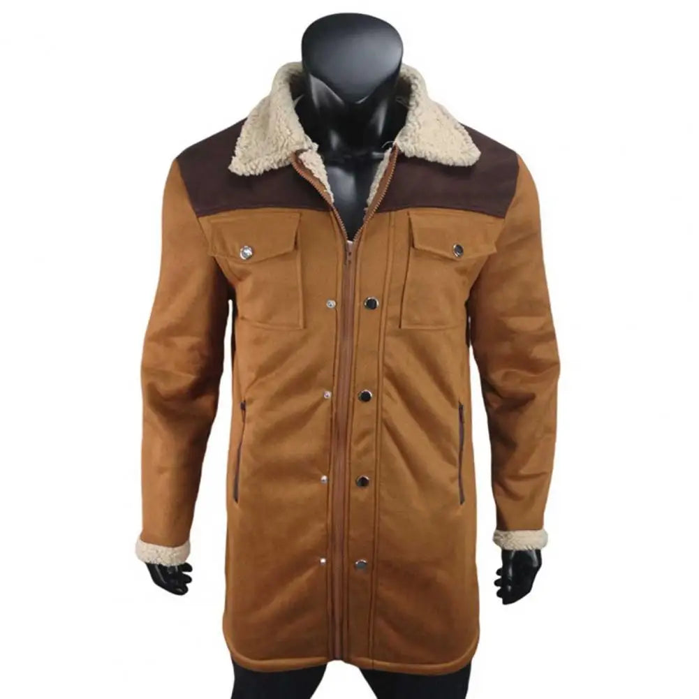 Men Jacket Large Plush Lapel Long Sleeve Vintage Suede Jacket with Pockets Zipper Up Mid-length Motorcycle Coat