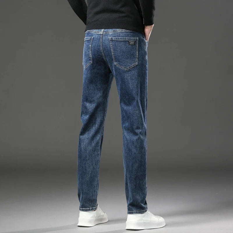 Men's Warm Fleece Jeans Winter New Thick Velvet Slim Fit Business Casual Pants Classic Black Blue Elastic Cotton Denim Pants