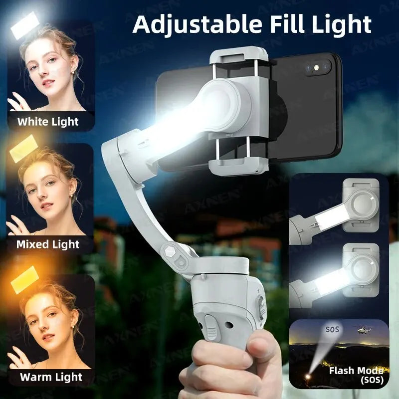 Stabilisateur de Main HQ6 3-Axis Gimbal pour Téléphone Portable avec Lumière d'Ambiance Suivi de Visage Anti-Oscillation en Vidéo pour Android iPhone