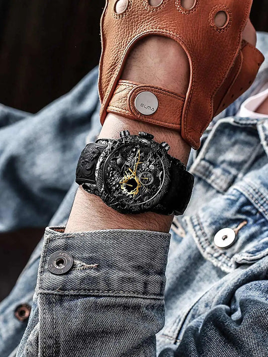 BIDEN2024 Men's Watch Luxury Multi functional Six Needle 3D Carving Dragon Waterproof Sports Leisure Quartz High quality Clock