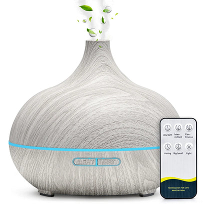 500ML Aromatherapy Essential Oil Diffuser Wood Grain Remote Control Ultrasonic Air Humidifier Cool with 7 Color LED Lights