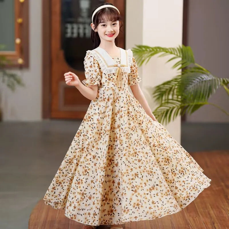 2024 Girls Summer Elegant New Children Casual Princess Teenager floral pearl green dress 5 6 7 8 9 10 11 12 13 year