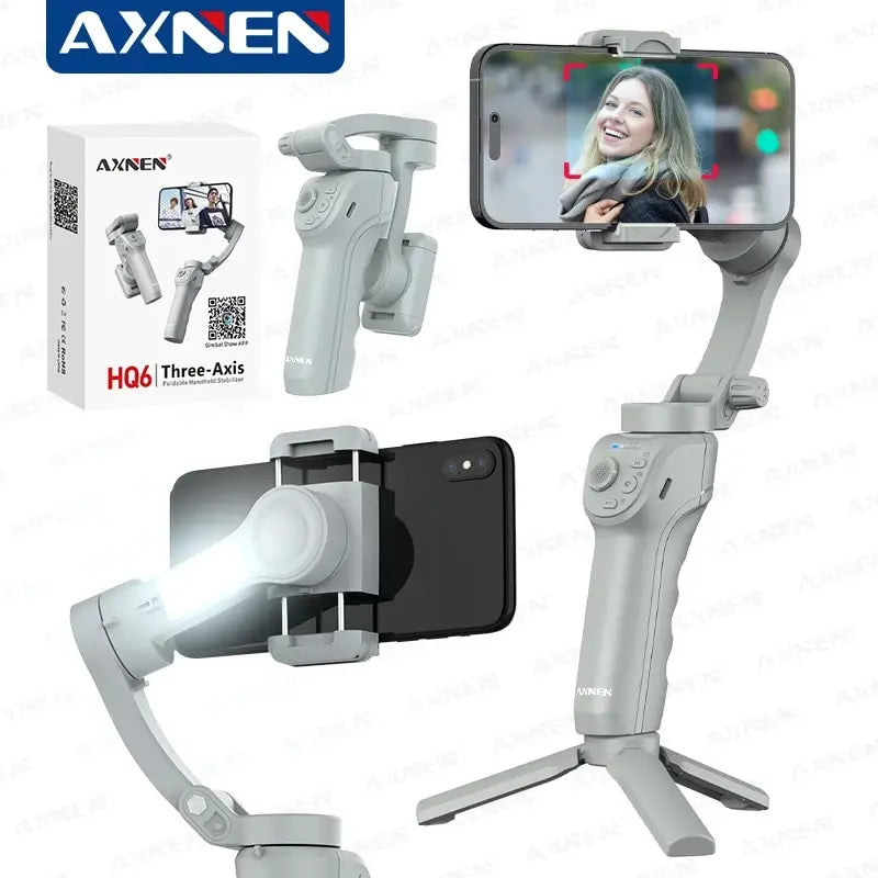 Stabilisateur de Main HQ6 3-Axis Gimbal pour Téléphone Portable avec Lumière d'Ambiance Suivi de Visage Anti-Oscillation en Vidéo pour Android iPhone