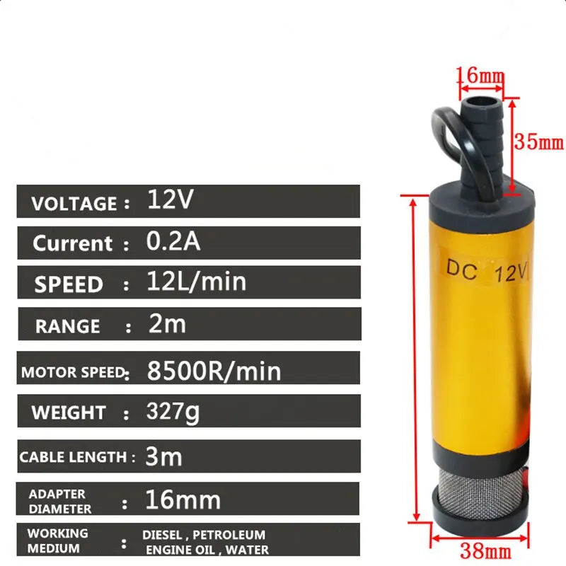 Portable Mini 12V 24V DC Electric Submersible Pump For Pumping Diesel Oil Water Aluminum Alloy Shell 12L/min Fuel Transfer Pump