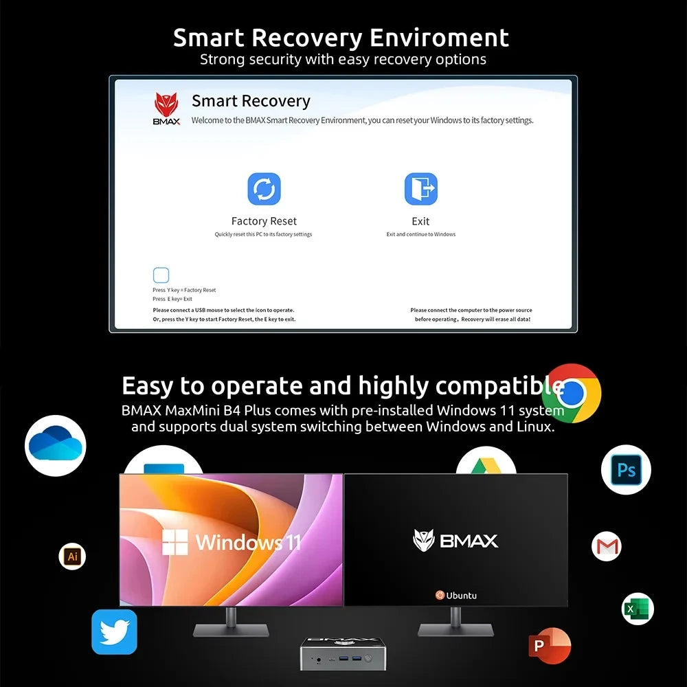 BMAX B4 Plus Mini PC Windows 11 PC Intel N100 16GB 512GB SSD 2 * HDMI 1 * Type-C Supports 4K @ 60Hz 750MHz Intel UHD Graphics