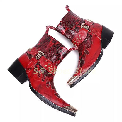 Western Cowboys Boots for Men Punk Rivet Metal Pointed Toe Splicing Leather Shoes Male Chelsea Boots Party Pub Dress Shoes