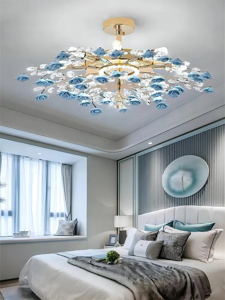 Modern American Luxury Ceramic Flower Crystal Ceiling Light Nordic  Living Room Dining Room Bedroom LED Ceiling Lamp