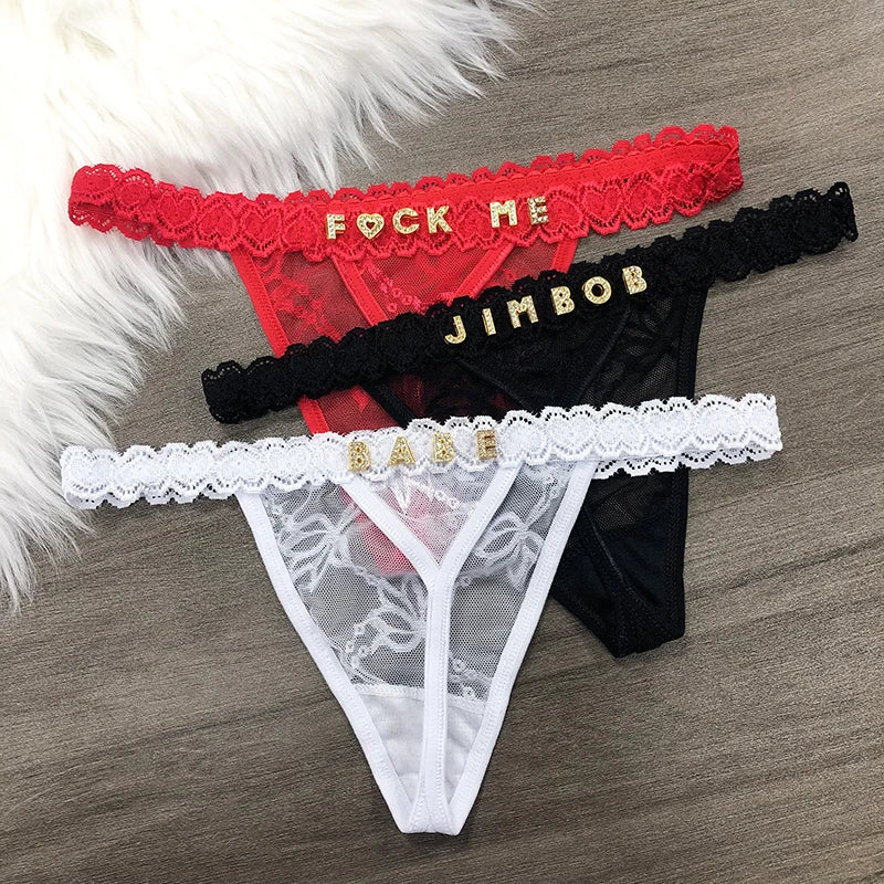 M L XL Size Custom Name Panties Crystal Letters Personalised Thongs Women Lace Bikini G-String Girlfriend Birthday Hotwife Gift