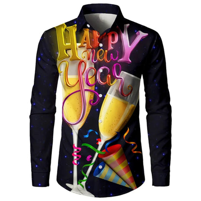 2025 New Year Men's Shirts Happy New Year 3d Print Long Sleeve Shirts For Men Casual Fashion Men's Clothing Loose Oversize Shirt