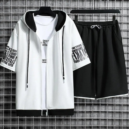 Fashion Men's Sets Hooded Summer Casual Sportswear Men Short Sleeve Zipper Tops+shorts 2 Piece Hip Hop Streetwear Male Tracksuit