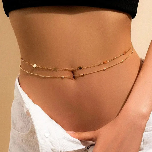 2Pcs/Set Boho Vintage Beads Waist Belly Chain for Women Beach Summer Bikini Simple Sequin Belt Chain Body Jewelry Accessories