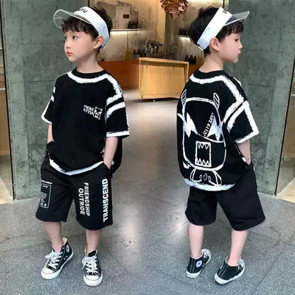 Summer Boys Cotton Contrast Alphabet Cartoon t-Shirt Tops+Short Pants Set School Kids Tracksuit Child 2PCS Outfit Suit 5-14 Yrs