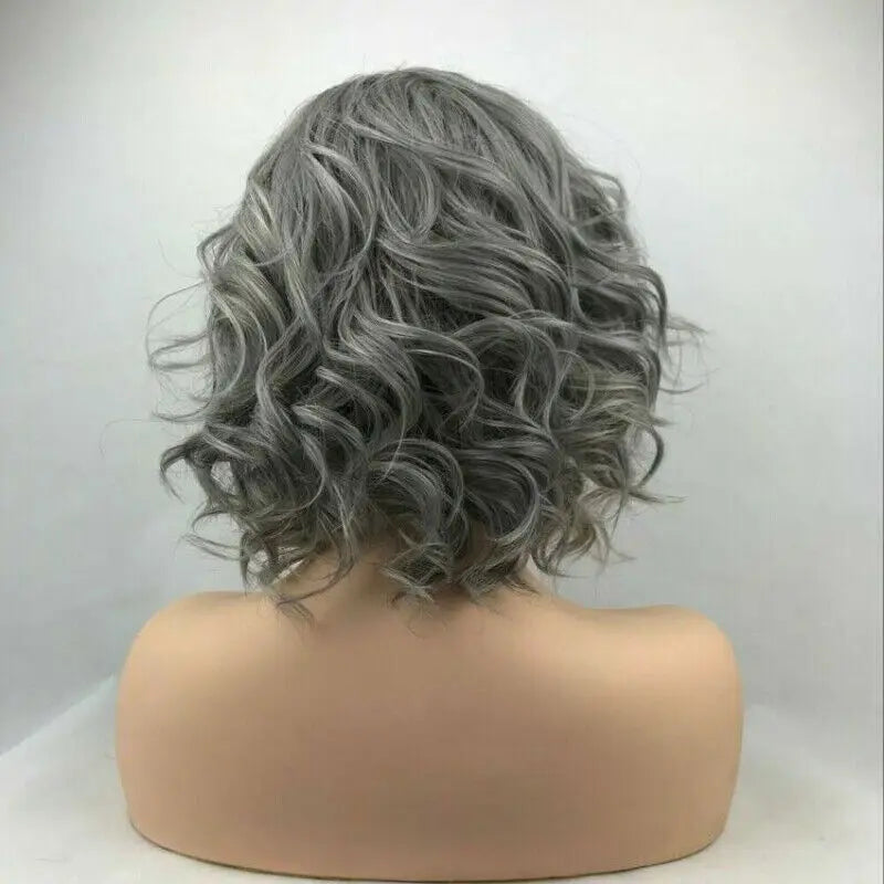 Women Shoulder Length T Part Lace Front Wigs Synthetic Curly Wig Wavy Gray Short