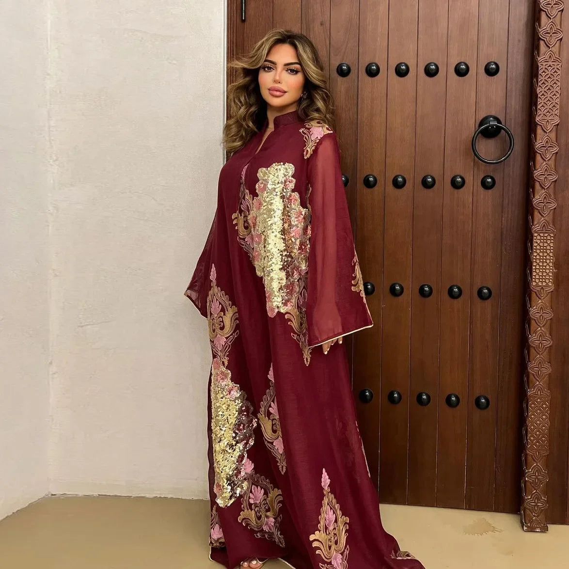 Mesh Sequins Embroidered Abaya Dress for Women Winter 2024 Middle East Arab Oman Dubai Muslim Moroccan Caftan Party Clothes Eid