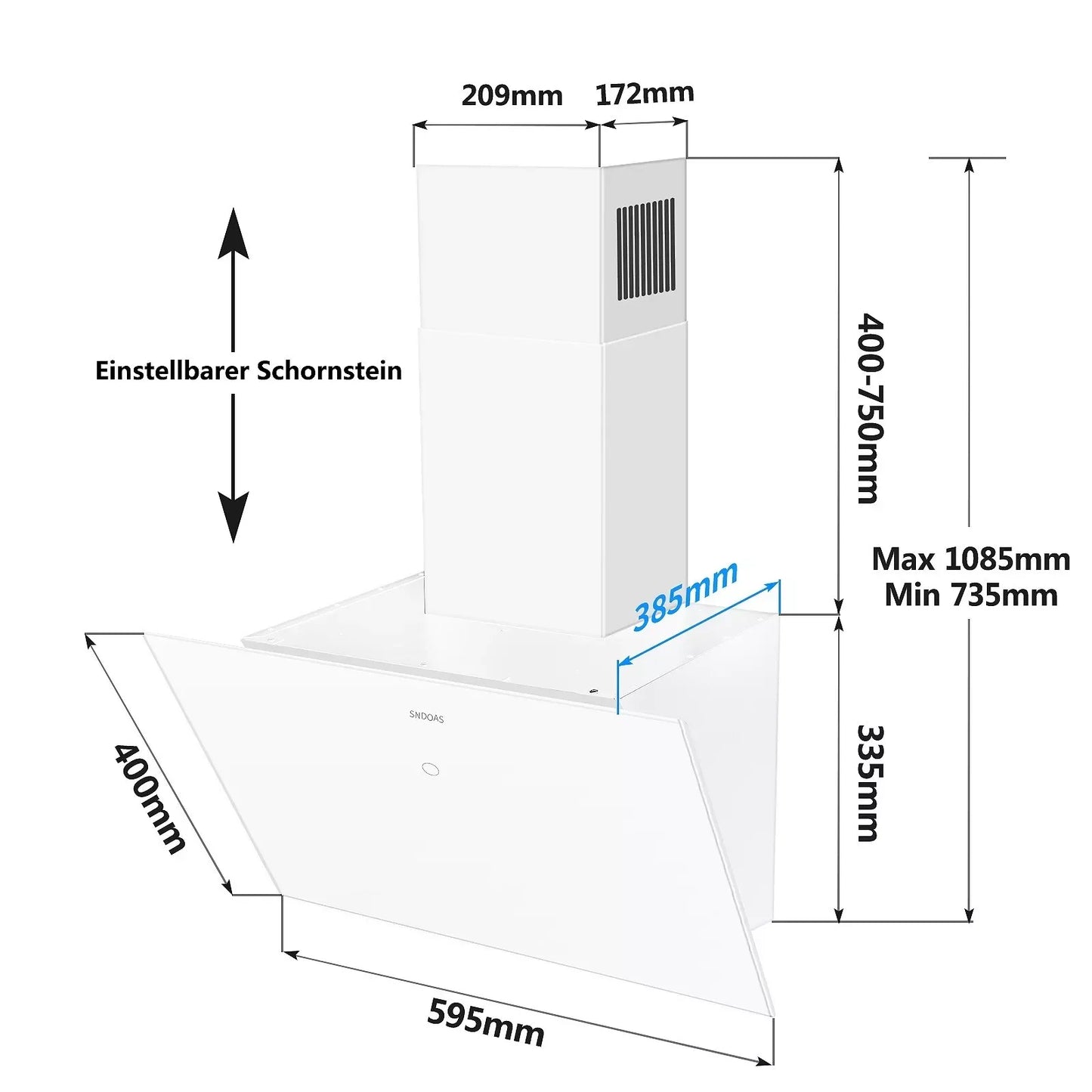 Topstrong Wall Mounted Range Hood 60cm Touch Display Glass with 700m³/h Extraction Rate and Washable Filters EUGV1360W