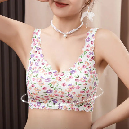 40-100KG Summer Thin Traceless Ice Silk Women Bras Large Size Beautiful Back Lingerie Floral Print Non Steel Ring Gather Bra