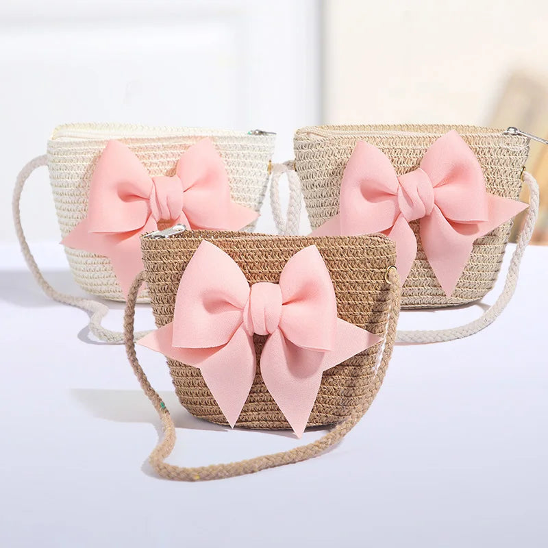 Cute Bow Straw Shoulder Bags Baby Girls Handmade Woven Crossbody Bag Princess Kids Messenger Bags Mini Coin Purse Beach Handbags