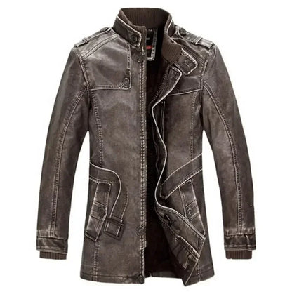 High Quality Leather Jacket Men Slim Warm Washed Leather Motorcycle Biker Jackets Standing Collar Coat Plus size 4XL Long Parkas