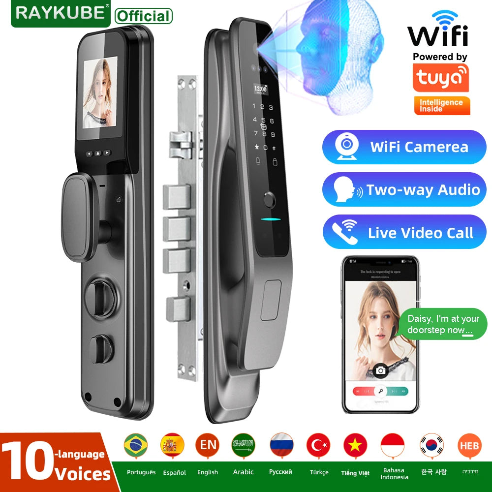 New RAYKUBE X50 Tuya WiFi 3D Face Recognition Digital Fingerprint Door Lock With WiFi Camera Remote APP Video Call 10-language