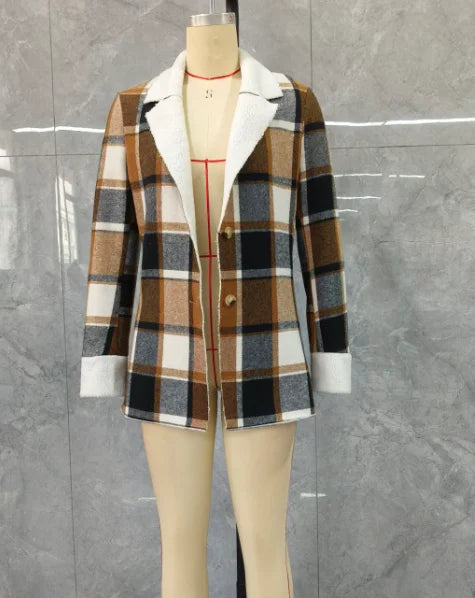 Women's Jacket 2024 Autumn Fashion Plaid Pattern Notched Collar Long Sleeve Blazer Button Front Fleece Lined Daily Casual Coat