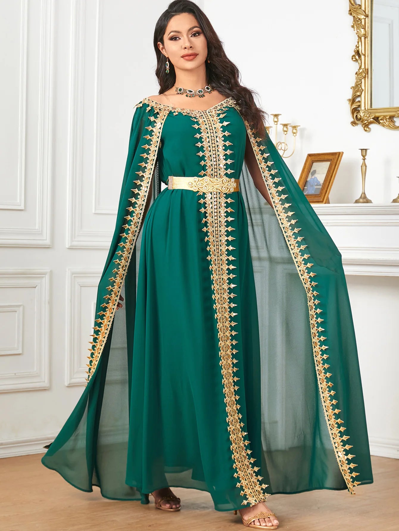 Marocain Kaftan Sequin Long Cape Sleeve Evening Dress for Women Muslim Dubai Abaya Turkey Caftan Femme Robe Djellaba Jalabiya