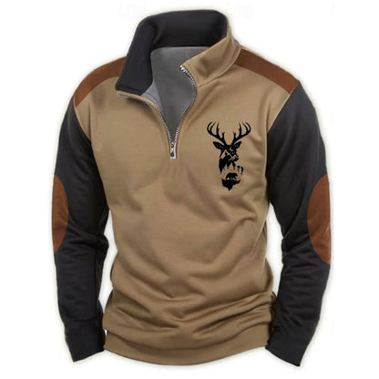 Fashion Milu Deer Print Men's Half Zip Long Sleeve Sweatshirts Casual Stand Collar Street Clothing Top Autumn Oversized Pullover