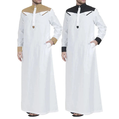 Traditional Muslim Clothing Contrast Color Muslim Dress Middle East Jubba Thobe Men Robe w/ Long Sleeves Mandarin Neck