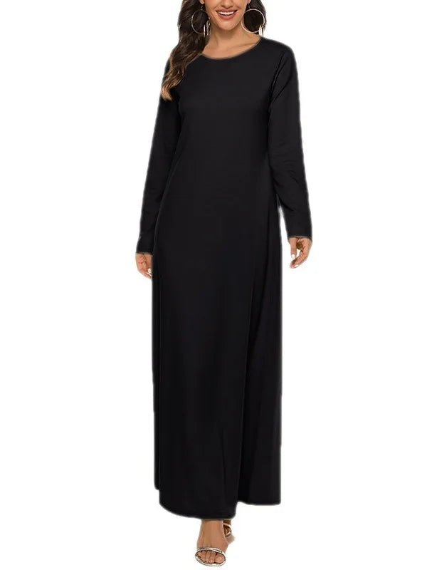 Women's Muslim Worshipwear Basic Long sleeved Laydown Round Neck Dress Middle Eastern Solid Color Robe