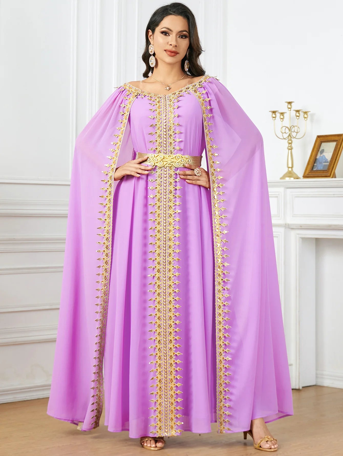 Marocain Kaftan Sequin Long Cape Sleeve Evening Dress for Women Muslim Dubai Abaya Turkey Caftan Femme Robe Djellaba Jalabiya