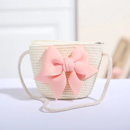 Cute Bow Straw Shoulder Bags Baby Girls Handmade Woven Crossbody Bag Princess Kids Messenger Bags Mini Coin Purse Beach Handbags