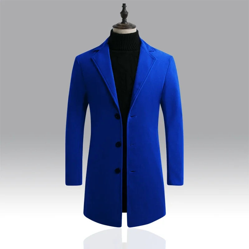 Autumn and Winter Fashion Men's Wool Blend Long Cotton Coat Men's Solid Color Casual Senior Slim Fit Single Breasted Trench Coat