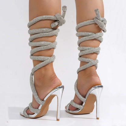 Luxury Rhinestones Women Sandals Sexy Ankle Strap Cross-tied Thin High Heeled Gladiator Sandals Fashion Summer Party Prom Shoes